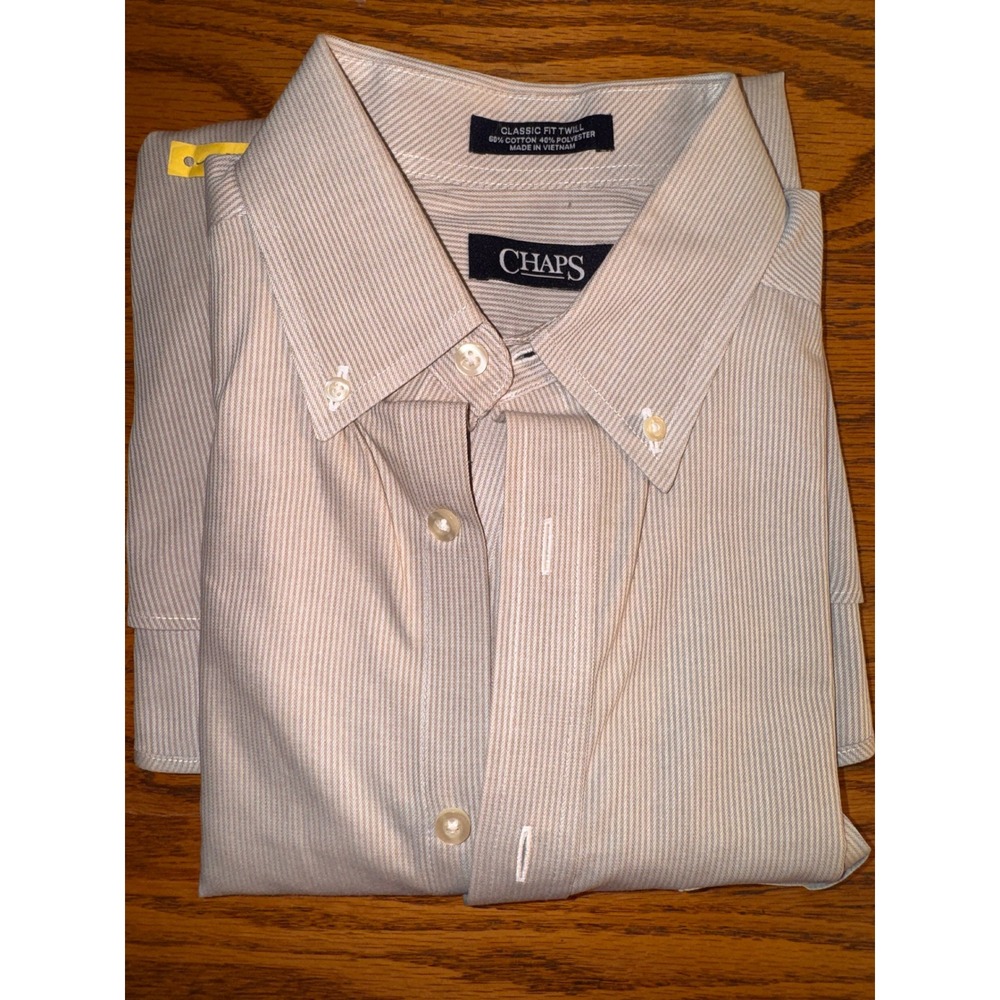 Chaps Mens Classic Fit Twill Button‎ Down Shirt Beige Stripe Long Sleeve Pocket